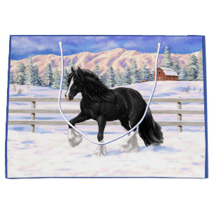 Black Gypsy Vanner Irish Cob Draft Horse In Snow Large Gift Bag