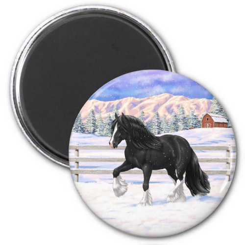Black Gypsy Vanner Irish Cob Draft Horse In Snow Magnet