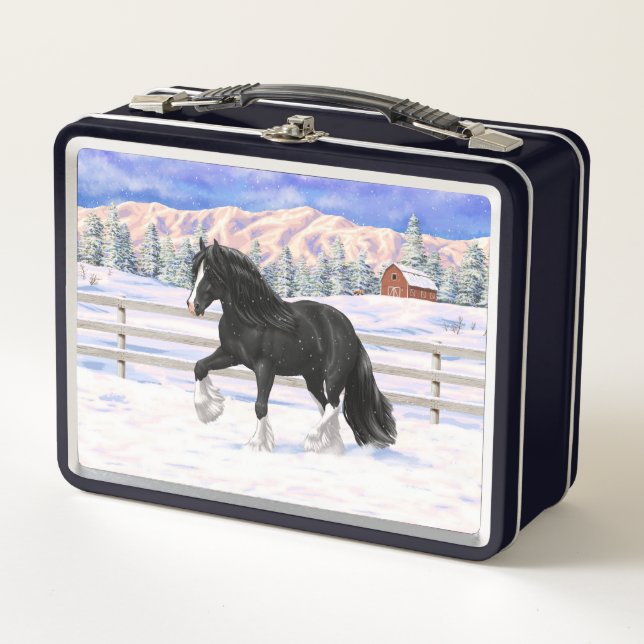 Black Gypsy Vanner Irish Cob Draft Horse In Snow Metal Lunch Box (Front)