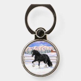 Black Gypsy Vanner Irish Cob Draft Horse In Snow Phone Ring Stand