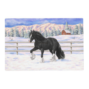 Black Gypsy Vanner Irish Cob Draft Horse In Snow Placemat