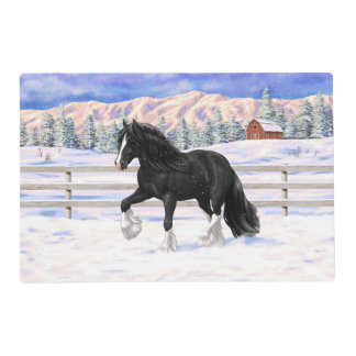 Black Gypsy Vanner Irish Cob Draft Horse In Snow Placemat
