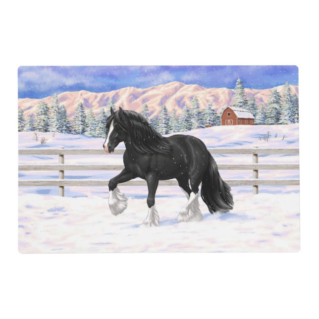 Black Gypsy Vanner Irish Cob Draft Horse In Snow Placemat (Front)