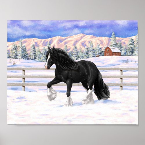 Black Gypsy Vanner Irish Cob Draft Horse In Snow Poster