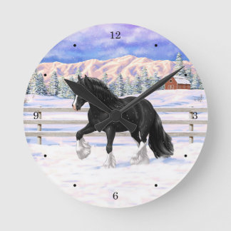 Black Gypsy Vanner Irish Cob Draft Horse In Snow Round Clock