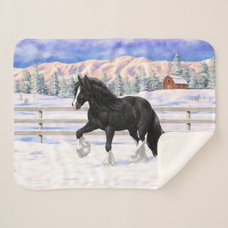 Black Gypsy Vanner Irish Cob Draft Horse In Snow Sherpa Blanket