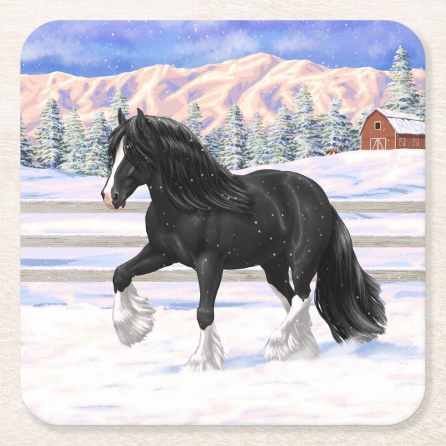 Black Gypsy Vanner Irish Cob Draft Horse In Snow Square Paper Coaster (Front)