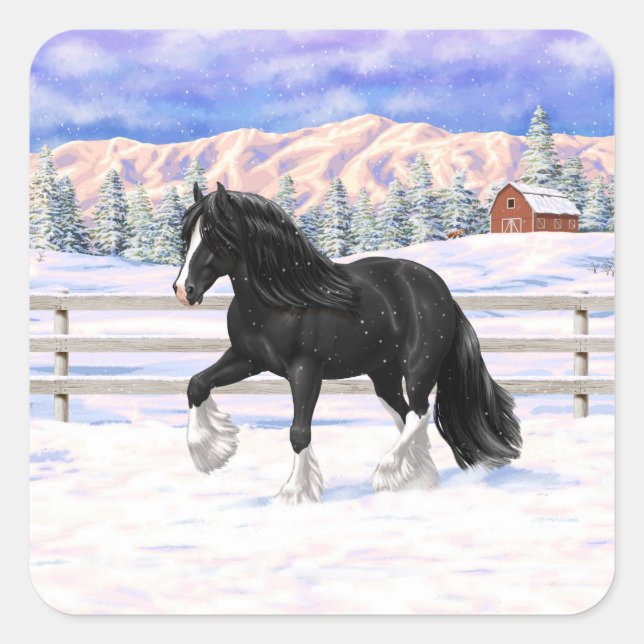 Black Gypsy Vanner Irish Cob Draft Horse In Snow Square Sticker (Front)