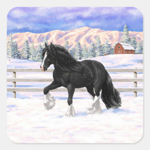 Black Gypsy Vanner Irish Cob Draft Horse In Snow Square Sticker