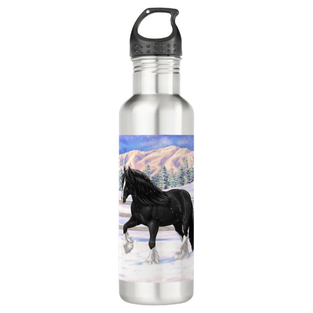 Black Gypsy Vanner Irish Cob Draft Horse In Snow Stainless Steel Water Bottle (Front)