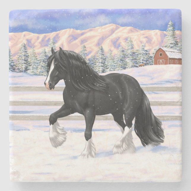Black Gypsy Vanner Irish Cob Draft Horse In Snow Stone Coaster (Front)
