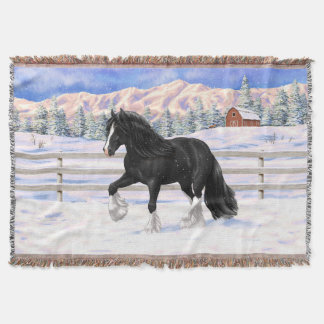 Black Gypsy Vanner Irish Cob Draft Horse In Snow Throw Blanket