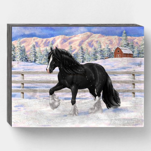 Black Gypsy Vanner Irish Cob Draft Horse In Snow Wooden Box Sign
