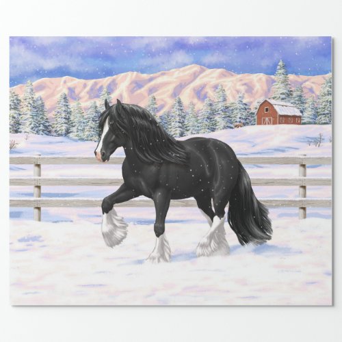 Black Gypsy Vanner Irish Cob Draft Horse In Snow Wrapping Paper