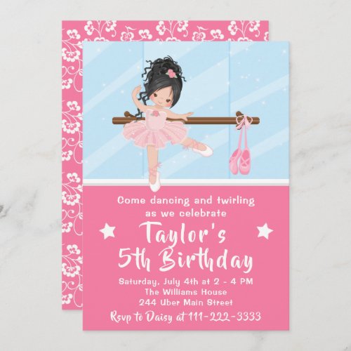 Black Hair Ballerina in Pink Tutu Birthday Invitation