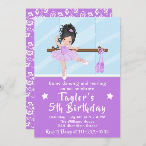 Black Hair Ballerina in Purple Tutu Birthday Invit Invitation