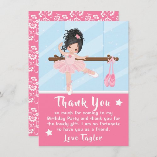 Black Hair Ballerina Pink Birthday Thank You Card