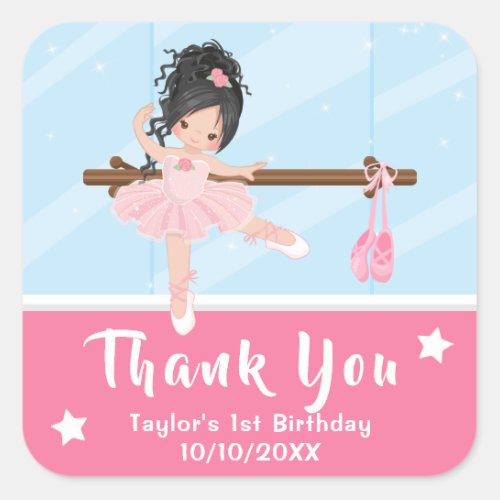 Black Hair Ballerina Pink Birthday Thank You Squar Square Sticker