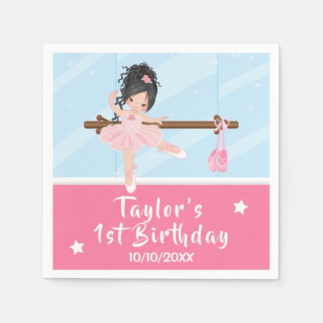 Black Hair Ballerina Pink Tutu Birthday Napkins (Front)