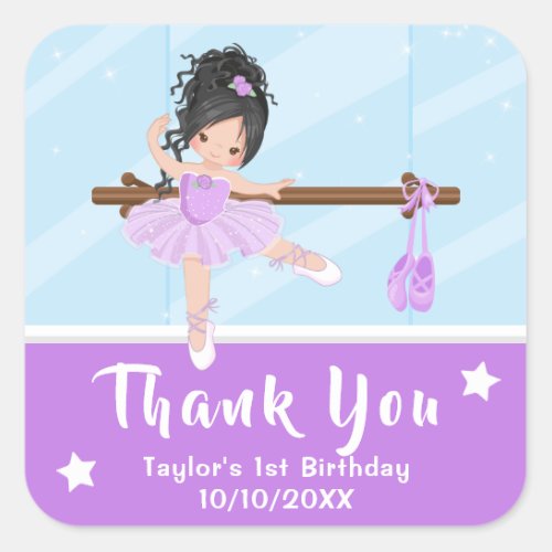 Black Hair Ballerina Purple Birthday Thank You Squ Square Sticker