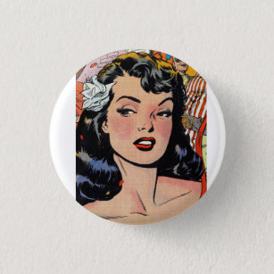 Black Hair Betty Paige Pinup girl with flower Button