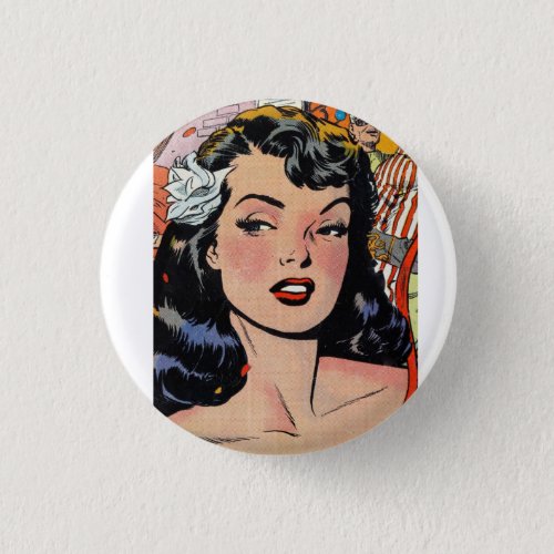 Black Hair Betty Paige Pinup girl with flower Button