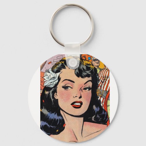 Black Hair Betty Paige Pinup girl with flower Keychain