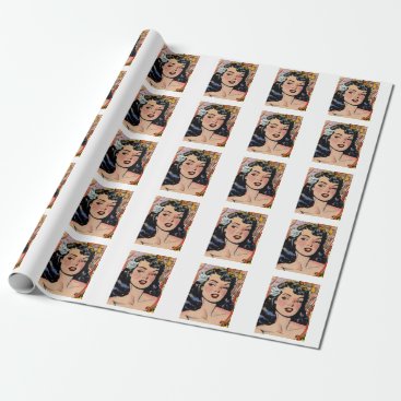 Black Hair Betty Paige Pinup girl with flower Wrapping Paper Black Hair Betty Paige Pinup girl with flower Wrapping Paper