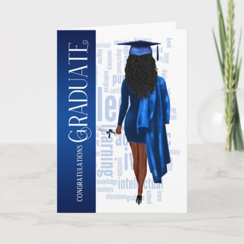 Black Hair Blue Cap and Gown Graduate Card