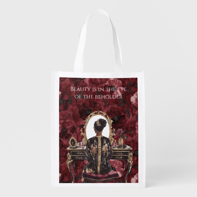 Black Hair Boudoir Burgundy Floral Grocery Bag (Front)