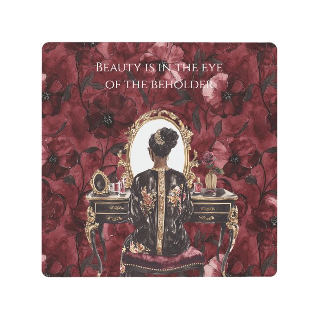 Black Hair Boudoir Burgundy Floral Metal Print (Front)