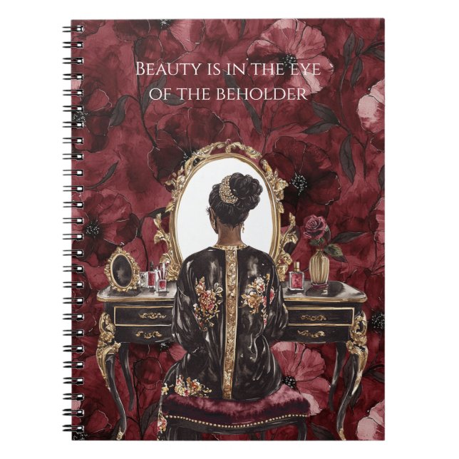 Black Hair Boudoir Burgundy Floral Notebook (Front)