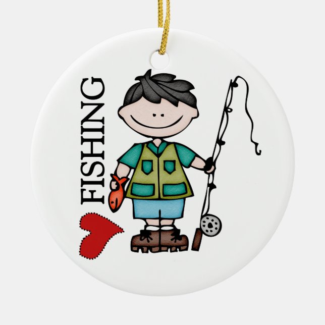 Black Hair Boy I Love Fishing Ceramic Ornament (Front)