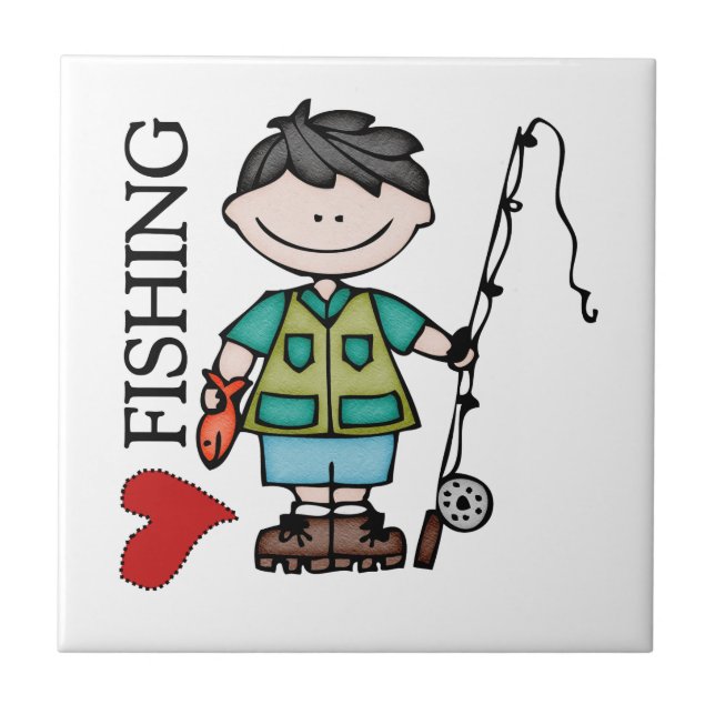 Black Hair Boy I Love Fishing Ceramic Tile (Front)