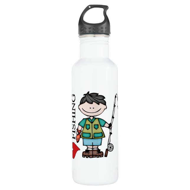 Black Hair Boy I Love Fishing Stainless Steel Water Bottle (Front)