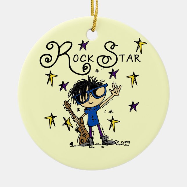 Black Hair Boy Rock Star Ceramic Ornament (Front)