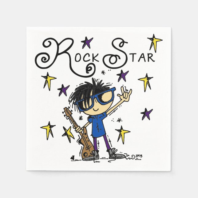 Black Hair Boy Rock Star Paper Napkins (Front)