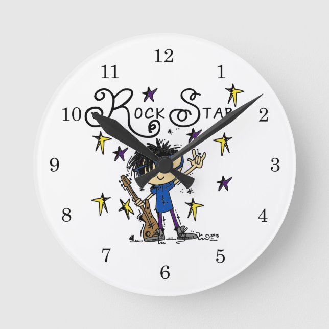 Black Hair Boy Rock Star Round Clock (Front)
