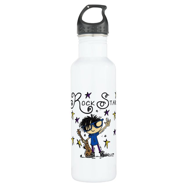 Black Hair Boy Rock Star Stainless Steel Water Bottle (Front)