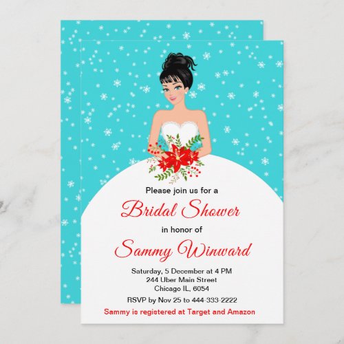 Black Hair Bride Snowflake Blue Bridal Shower Invitation