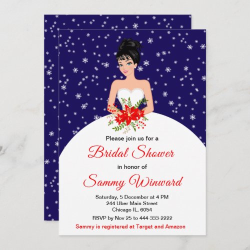 Black Hair Bride Snowflake Navy Bridal Shower Invitation