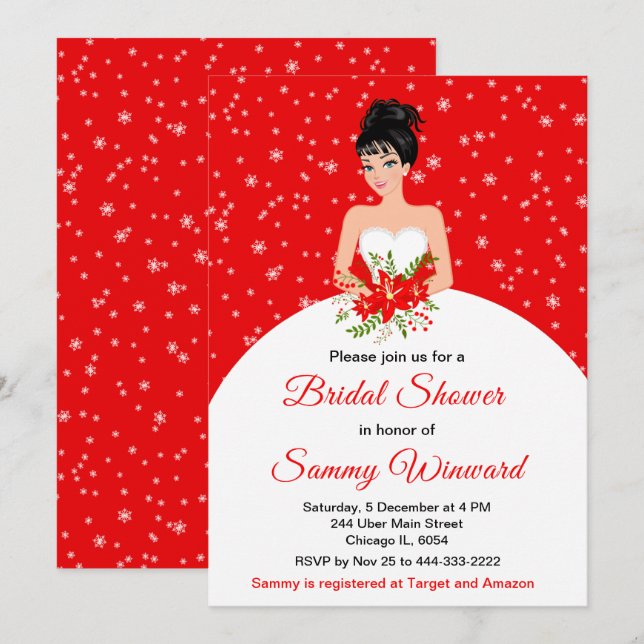 Black Hair Bride Snowflake Red Bridal Shower Invitation (Front/Back)