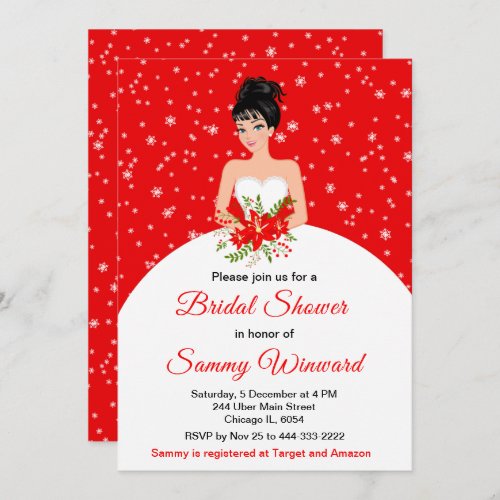 Black Hair Bride Snowflake Red Bridal Shower Invitation
