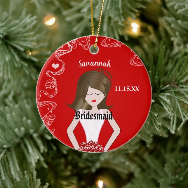 Black Hair Bridesmaid Gown Red Wedding Ceramic Ornament (Tree)