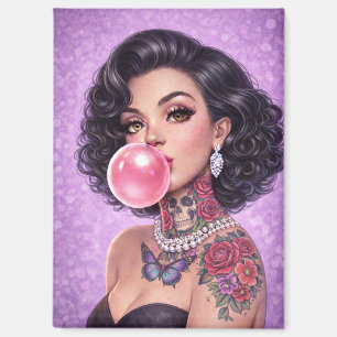 Black Hair Bubblegum Pin-Up Girl Magnet – Retro
