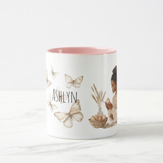 Black Hair Girl Easter Eggs Butterflies Mug (Center)