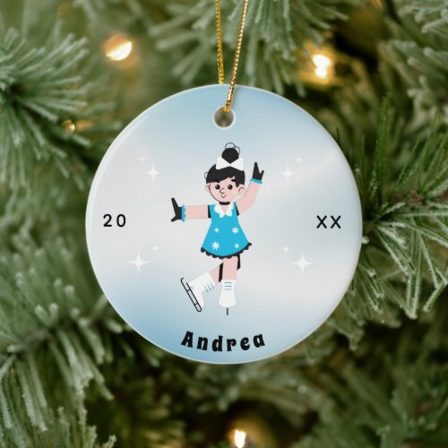 Black Hair Girl Figure Ice Skating Kid Name  Year Ceramic Ornament