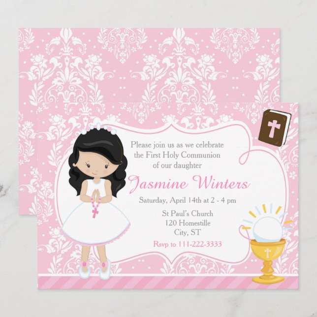 Black Hair Girl First Communion Damask Invitation (Front/Back)