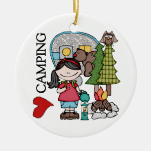Black Hair Girl I Love Camping Ceramic Ornament
