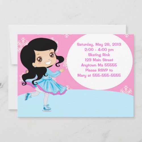 Black Hair Girl Ice Skating Birthday Invitation